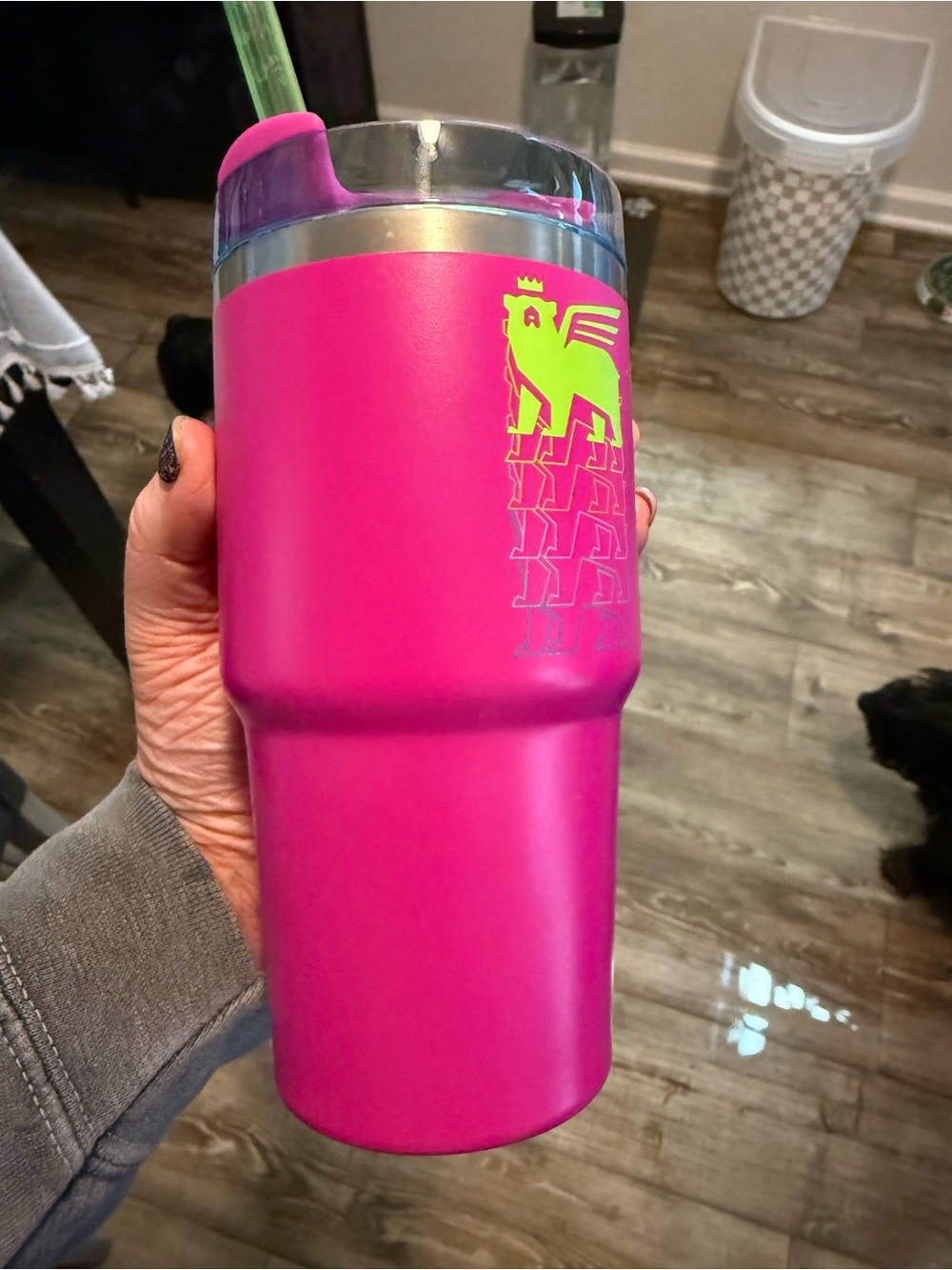 Stanley Hot Pink Tumbler with Neon Yellow Logo and Clear blue lid - Picture 6 of 8